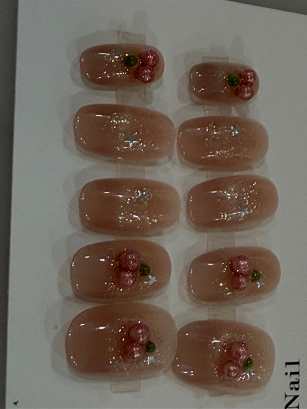 Nude Cat-eye Pink cherries Press-On Nails with Glitter Accents XS set